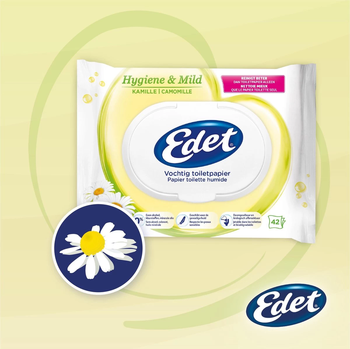Edet Kamille Vochtig Wc Papier - 7 Stuks - Met Natuurlijke Kamille Extracten 4 Edet Kamille Vochtig Wc Papier - 7 Stuks - Met Natuurlijke Kamille Extracten - Afbeelding 2