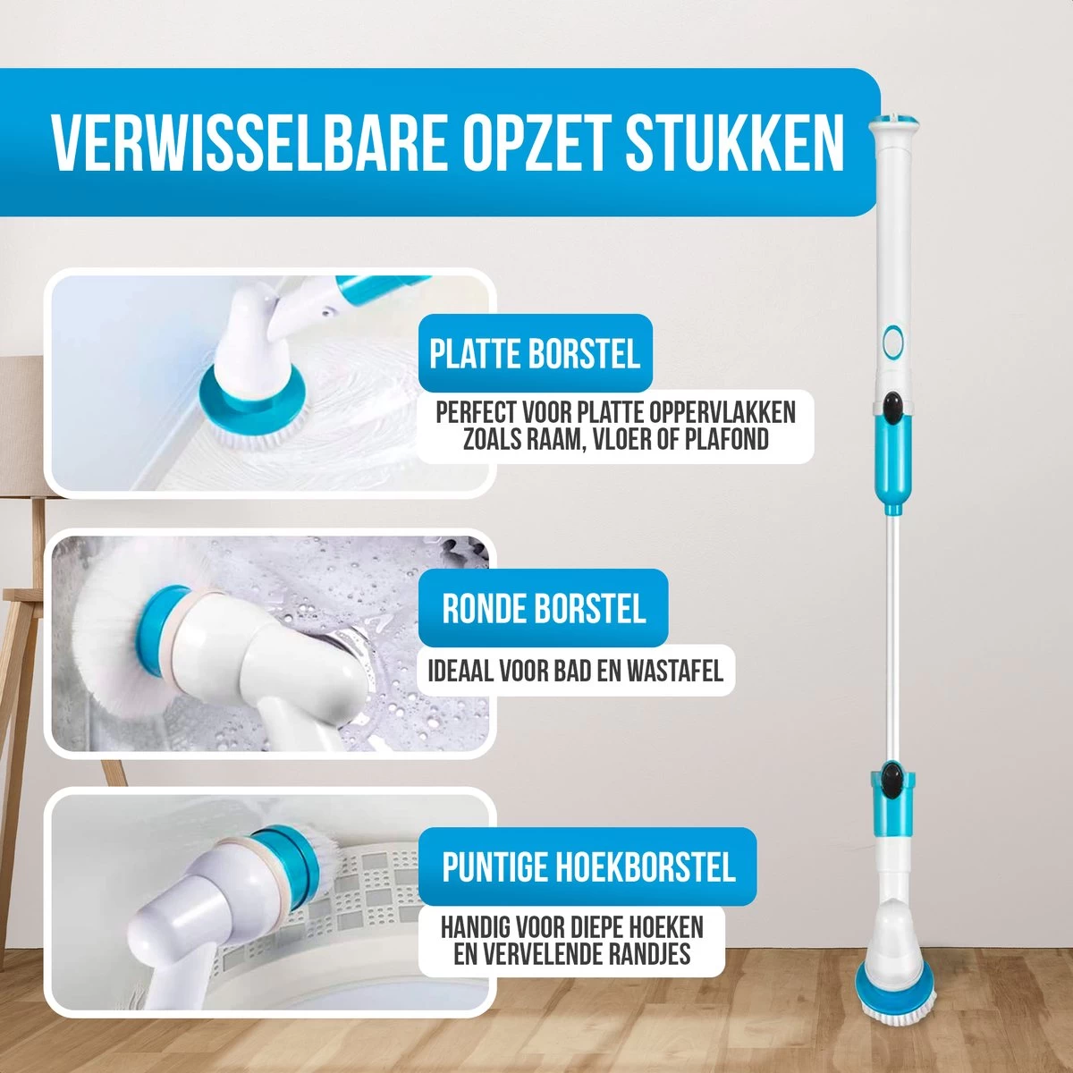 Strex Elektrische Schoonmaakborstel - Draadloze Schrobborstel - Schrobber - 3 Opzetstukken - Telescoopsteel - Poetsmachine Met Krachtige Accu 5 Strex Elektrische Schoonmaakborstel - Draadloze Schrobborstel - Schrobber - 3 Opzetstukken - Telescoopsteel - Poetsmachine Met Krachtige Accu - Afbeelding 3
