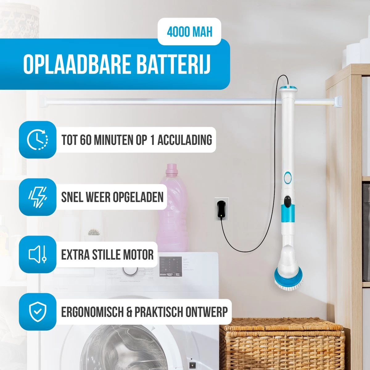 Strex Elektrische Schoonmaakborstel - Draadloze Schrobborstel - Schrobber - 3 Opzetstukken - Telescoopsteel - Poetsmachine Met Krachtige Accu 7 Strex Elektrische Schoonmaakborstel - Draadloze Schrobborstel - Schrobber - 3 Opzetstukken - Telescoopsteel - Poetsmachine Met Krachtige Accu - Afbeelding 5