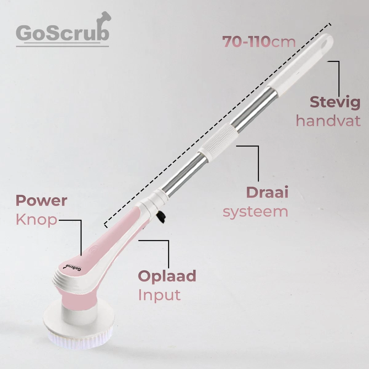 GoScrub® Elektrische Schoonmaakborstel – Elektrische Schrobber - Schrobborstel – Voor Badkamer Of Keuken – Schrobber Met Steel – Luiwagen – Polijstmachine - Roze 8 GoScrub® Elektrische Schoonmaakborstel – Elektrische Schrobber - Schrobborstel – Voor Badkamer Of Keuken – Schrobber Met Steel – Luiwagen – Polijstmachine - Roze - Afbeelding 6