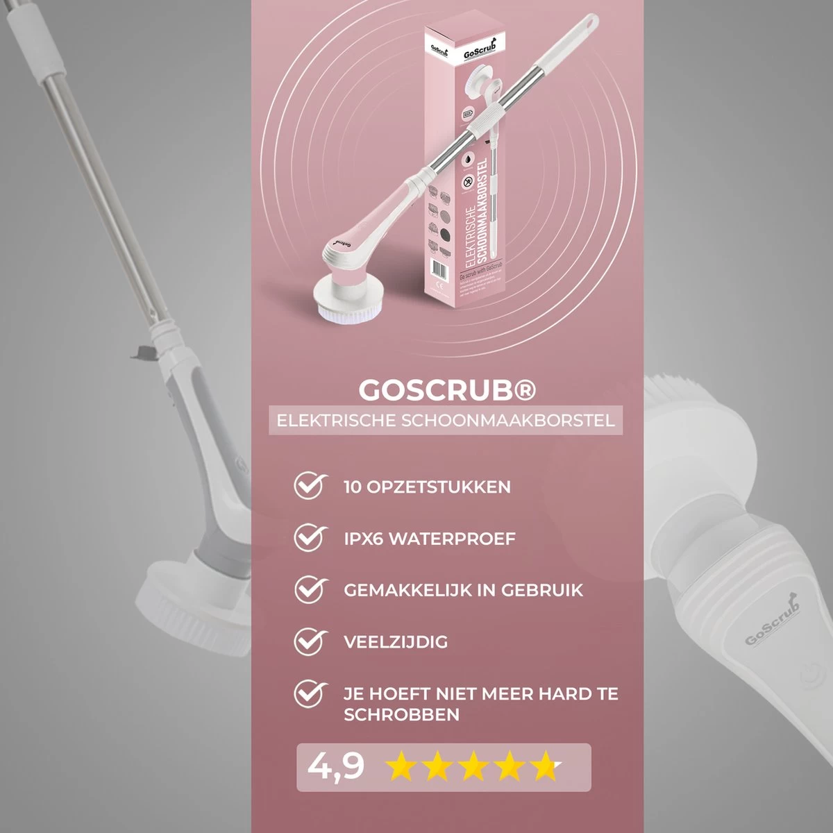 GoScrub® Elektrische Schoonmaakborstel – Elektrische Schrobber - Schrobborstel – Voor Badkamer Of Keuken – Schrobber Met Steel – Luiwagen – Polijstmachine - Roze 10 GoScrub® Elektrische Schoonmaakborstel – Elektrische Schrobber - Schrobborstel – Voor Badkamer Of Keuken – Schrobber Met Steel – Luiwagen – Polijstmachine - Roze - Afbeelding 8