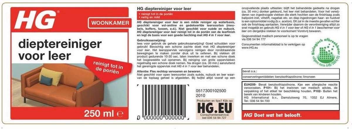 HG Dieptereiniger Voor Leer - 250 Ml - Reinigt Tot In De Poriën 4 HG Dieptereiniger Voor Leer - 250 Ml - Reinigt Tot In De Poriën - Afbeelding 2