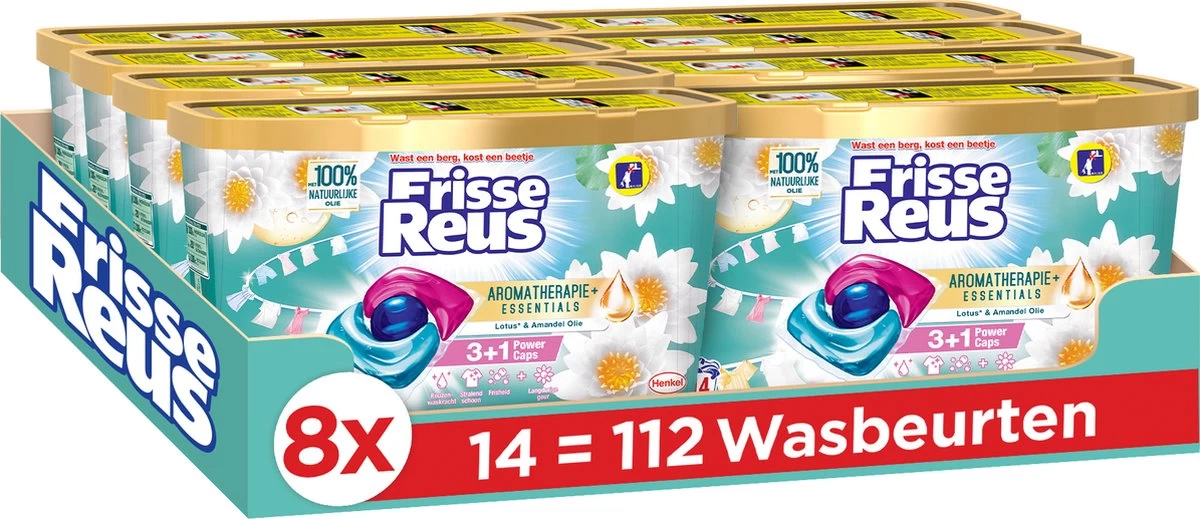 Frisse Reus Power Caps Lotus Amandel Wascapsules - Wasmiddel Capsules - Voordeelverpakking - 8 X 14 Wasbeurten 3 Frisse Reus Power Caps Lotus Amandel Wascapsules - Wasmiddel Capsules - Voordeelverpakking - 8 X 14 Wasbeurten