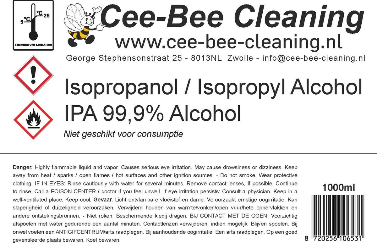Cee-Bee Isopropanol | Isopropyl | IPA 99.9% Alcohol | 1000 Ml | 3 Flessen á 1 Liter | 3 Liter 4 Cee-Bee Isopropanol | Isopropyl | IPA 99.9% Alcohol | 1000 Ml | 3 Flessen á 1 Liter | 3 Liter - Afbeelding 2